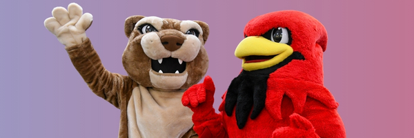 Two mascots; a cougar and a cardinal