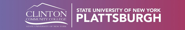 Clinton Community College and SUNY Plattsburgh logos on a red and blue background