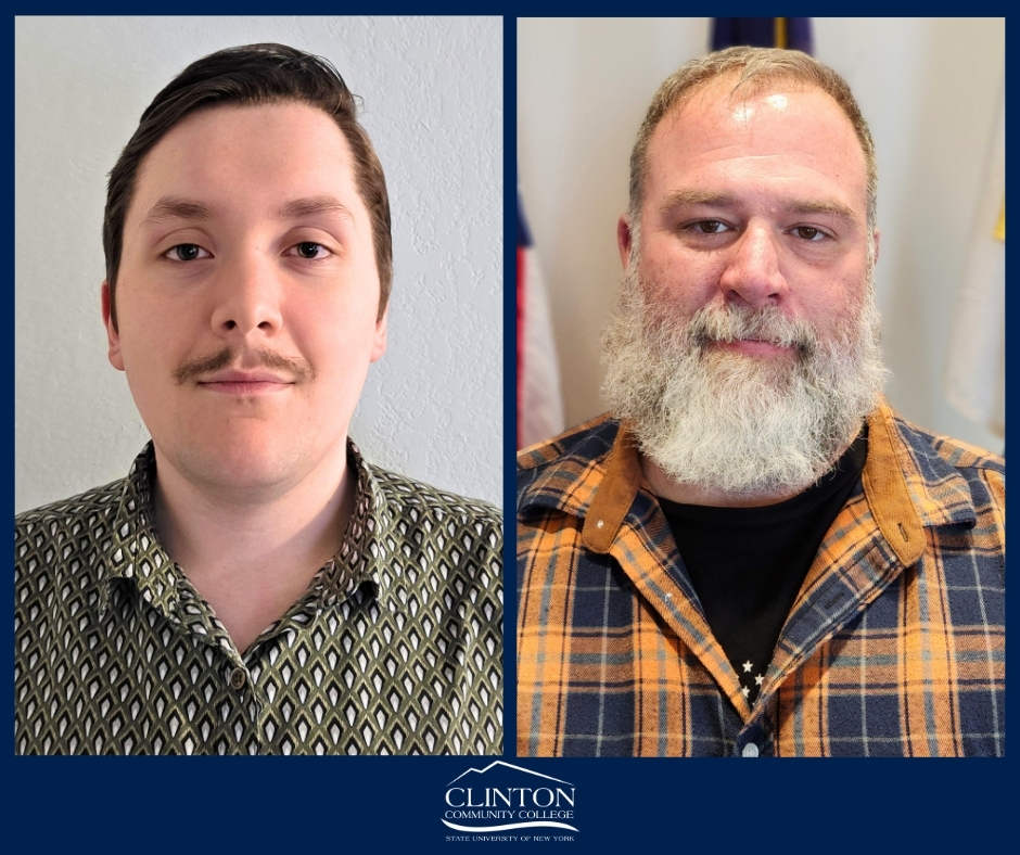 Two side-by-side photographs of two individuals with a Clinton Community College logo