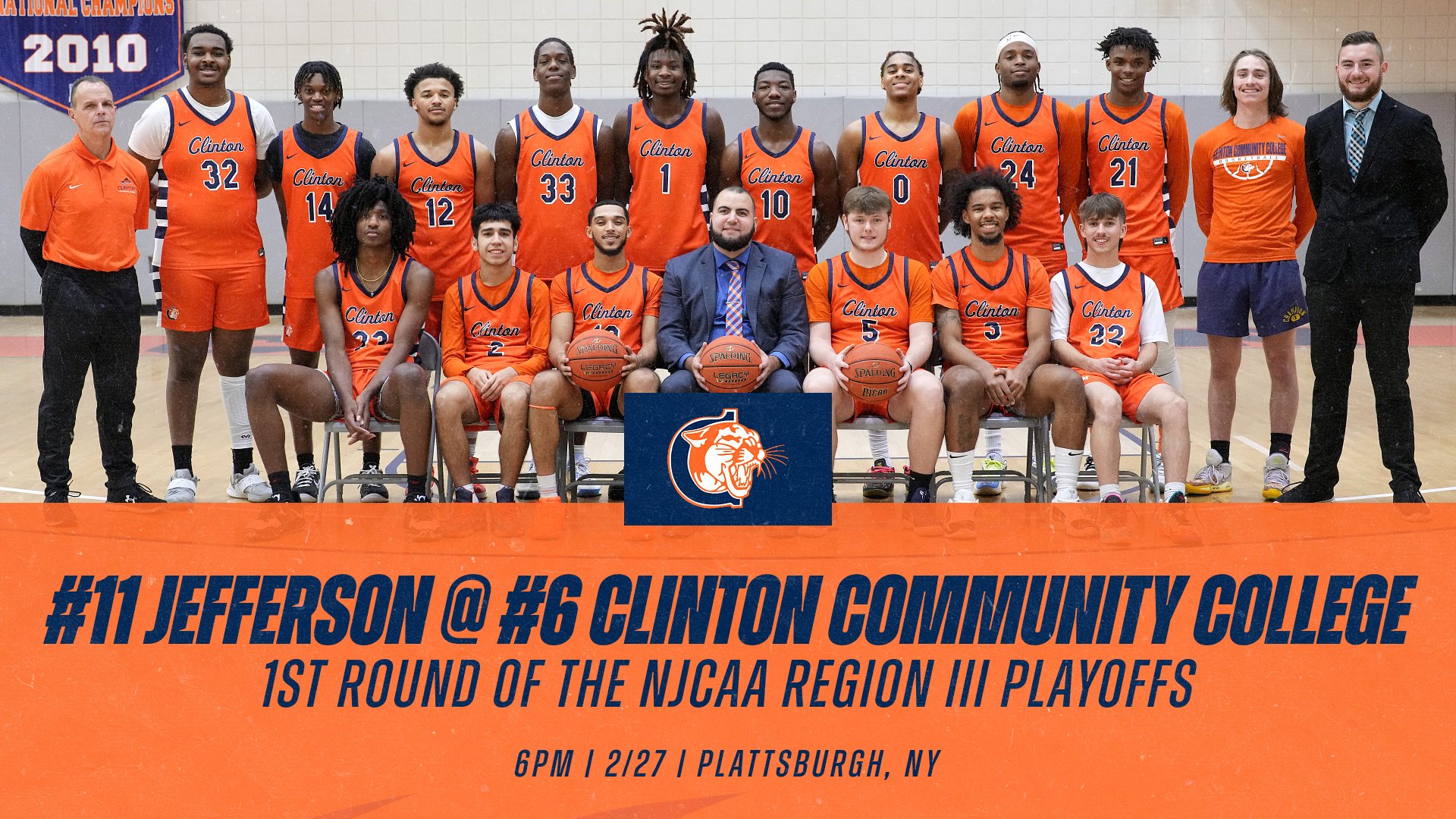 Clinton Community College Men's Basketball team photo with playoff date and time.