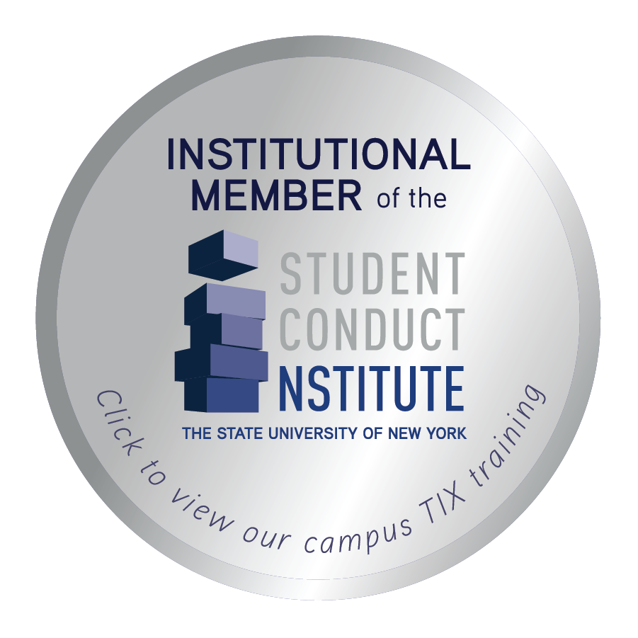 A button that says 'Institutional Member of the Student Conduct Institute. The State University of New York. Click to view our campus TIX training'
